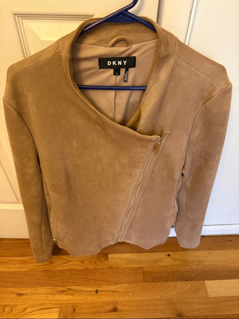 DKNY Tan Suede Asymmetrical Zip Moto Jacket